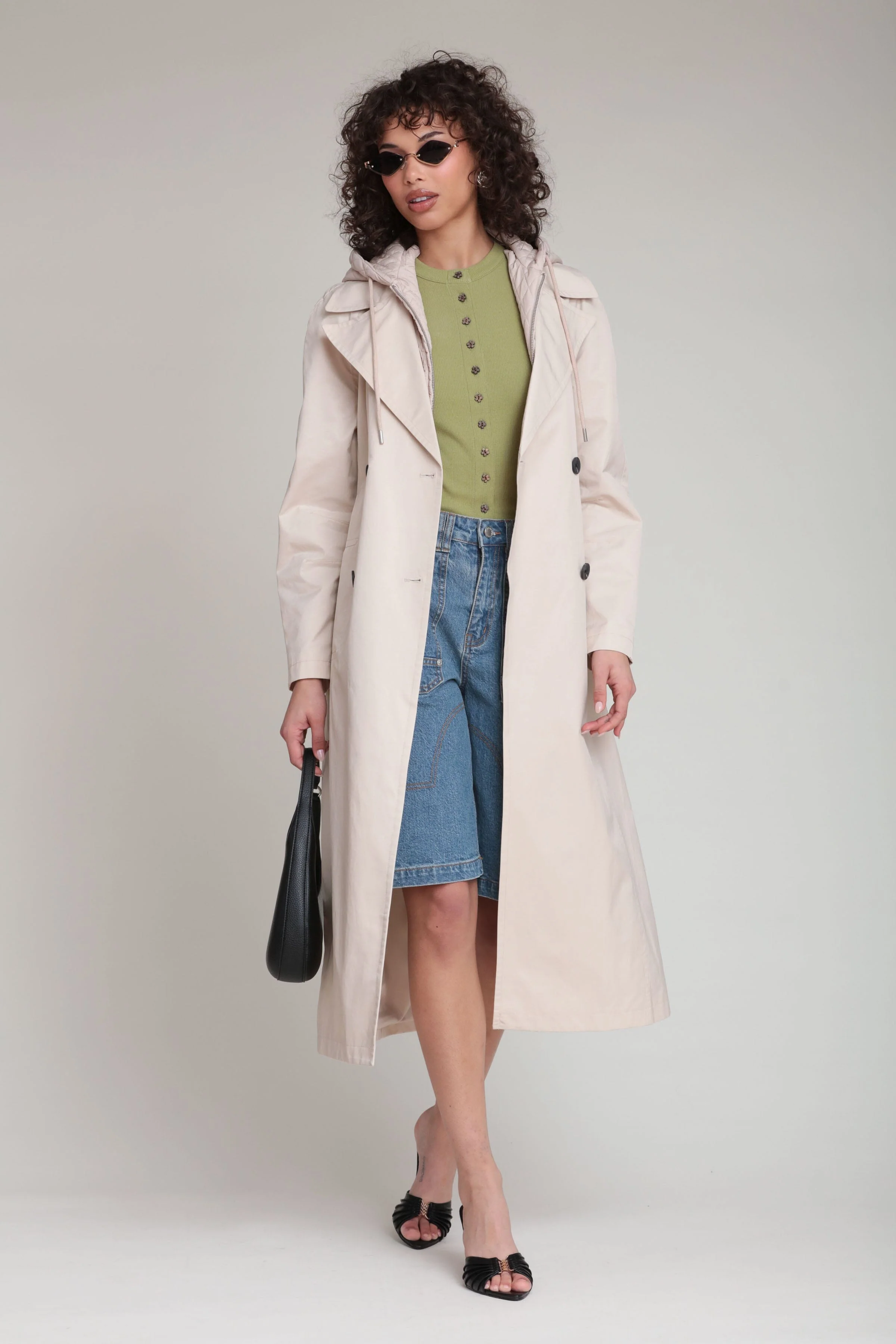 Quilted Hoodie Cotton Nylon Trench Coat - Image 4