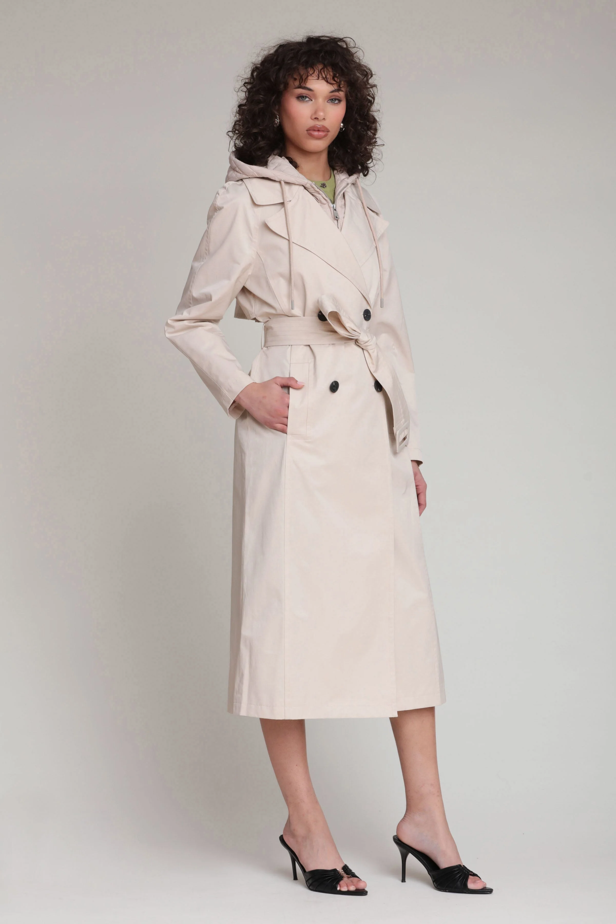 Quilted Hoodie Cotton Nylon Trench Coat - Image 5