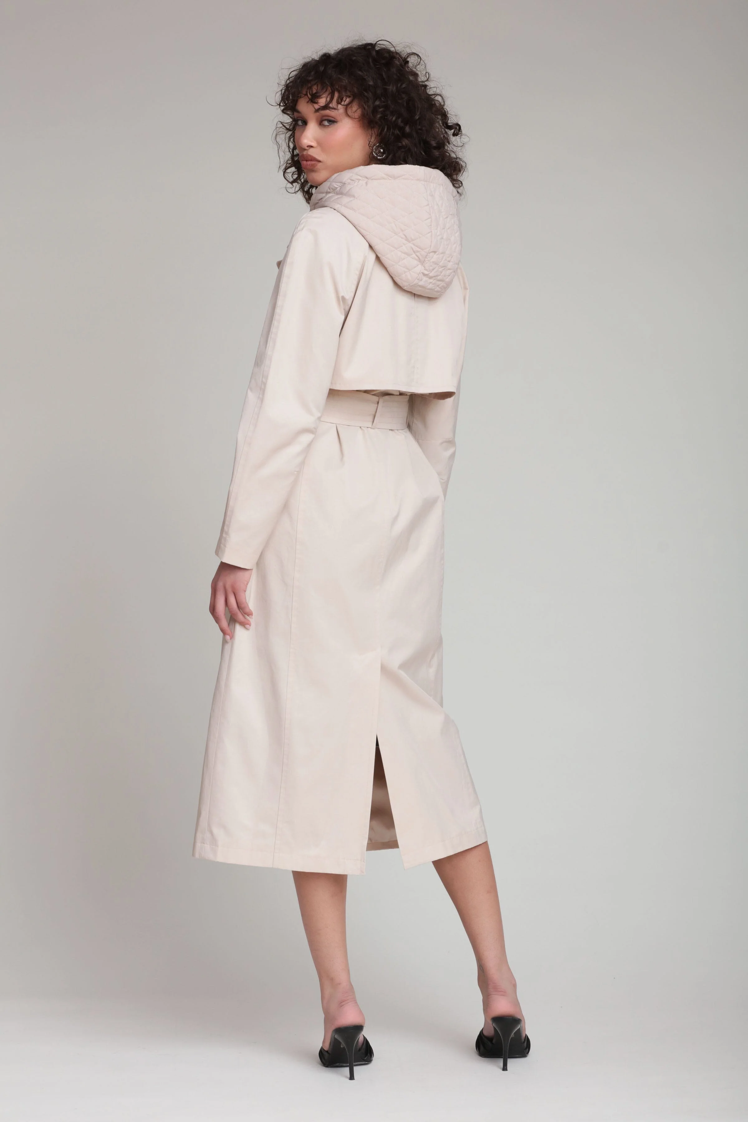 Quilted Hoodie Cotton Nylon Trench Coat - Image 6