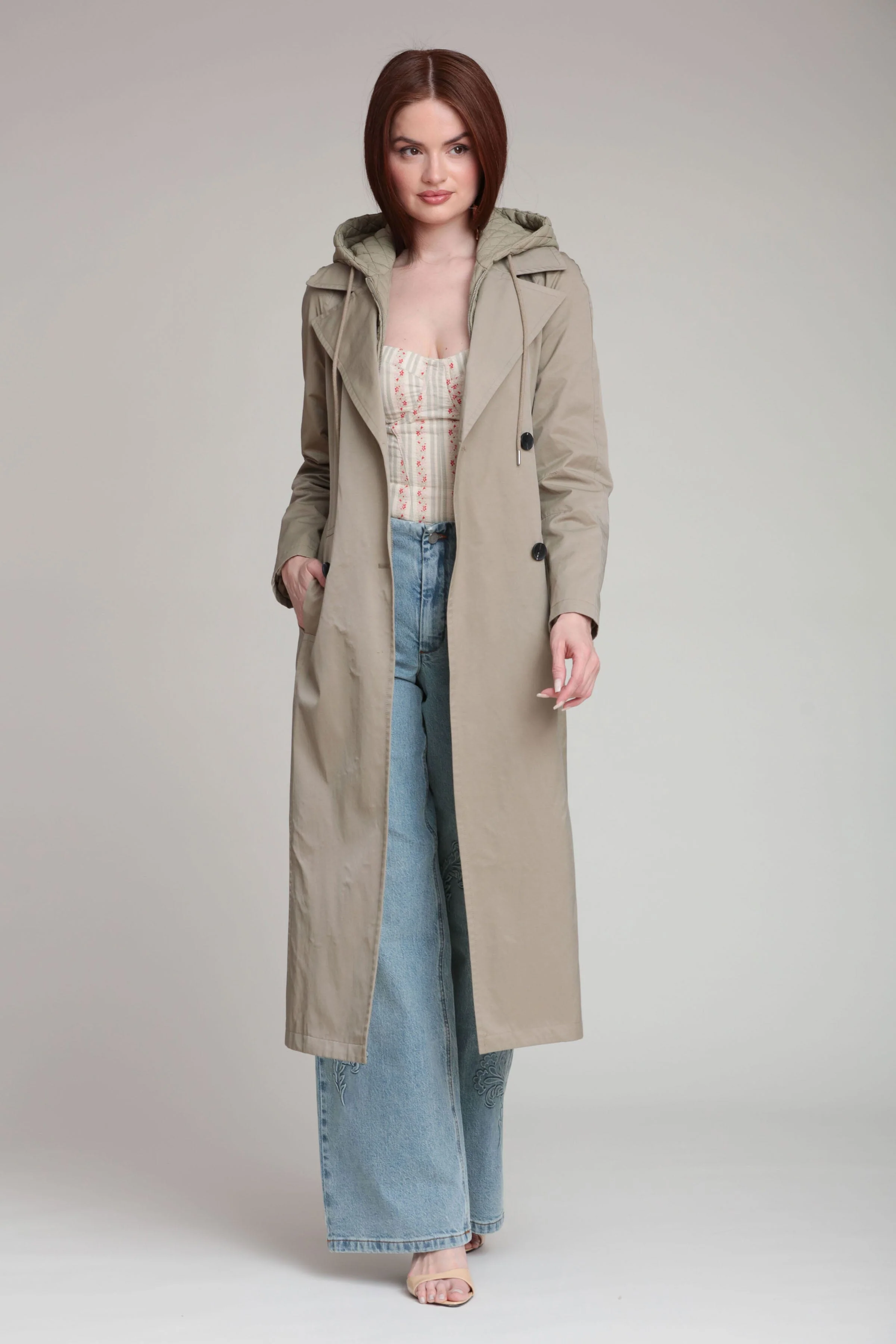 Quilted Hoodie Cotton Nylon Trench Coat - Image 4
