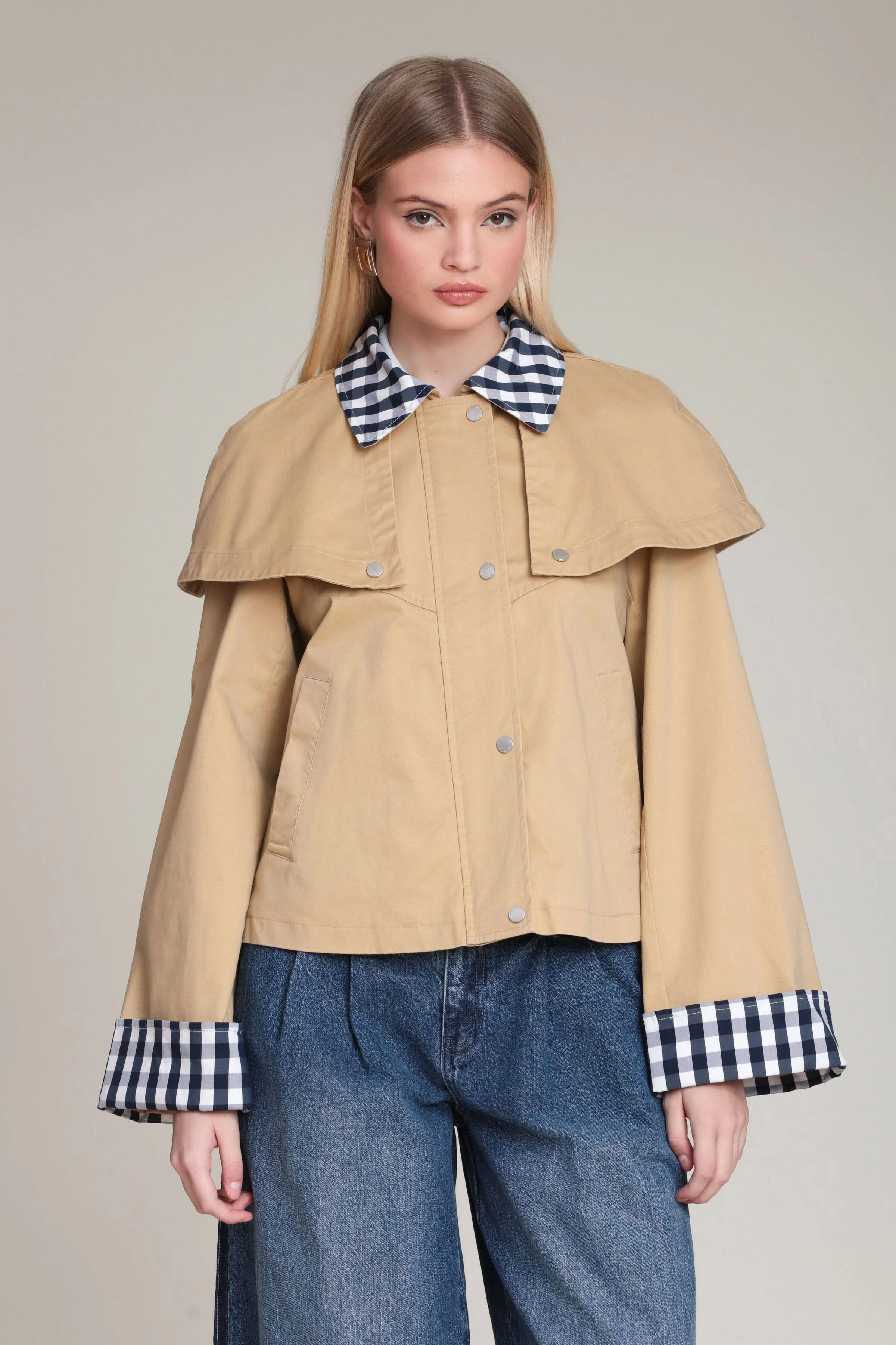 Gingham Trim Cotton Cape Jacket - Image 4