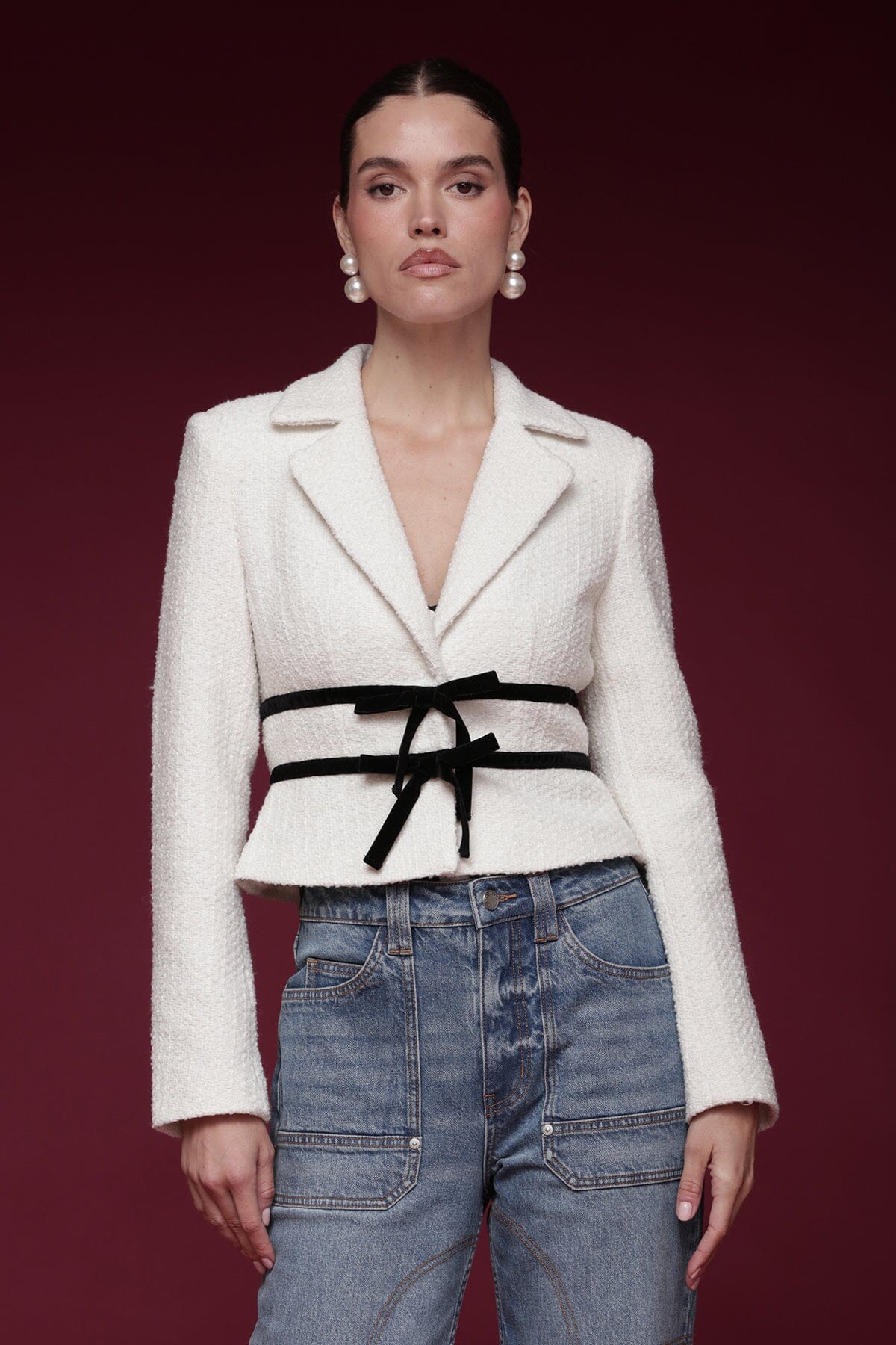 Velvet Bow Trim Tweed Jacket - Image 4