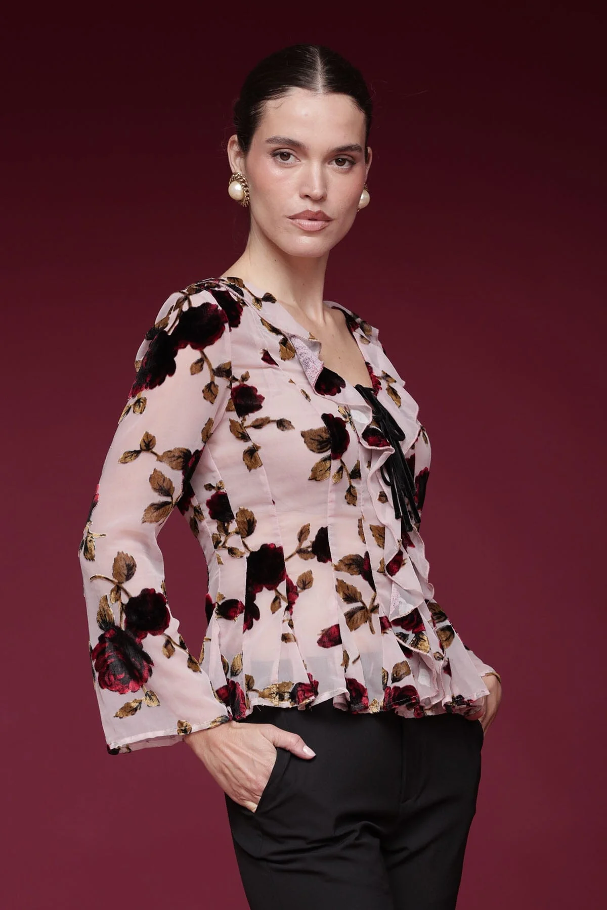Floral Velvet Ruffle Blouse - Image 4