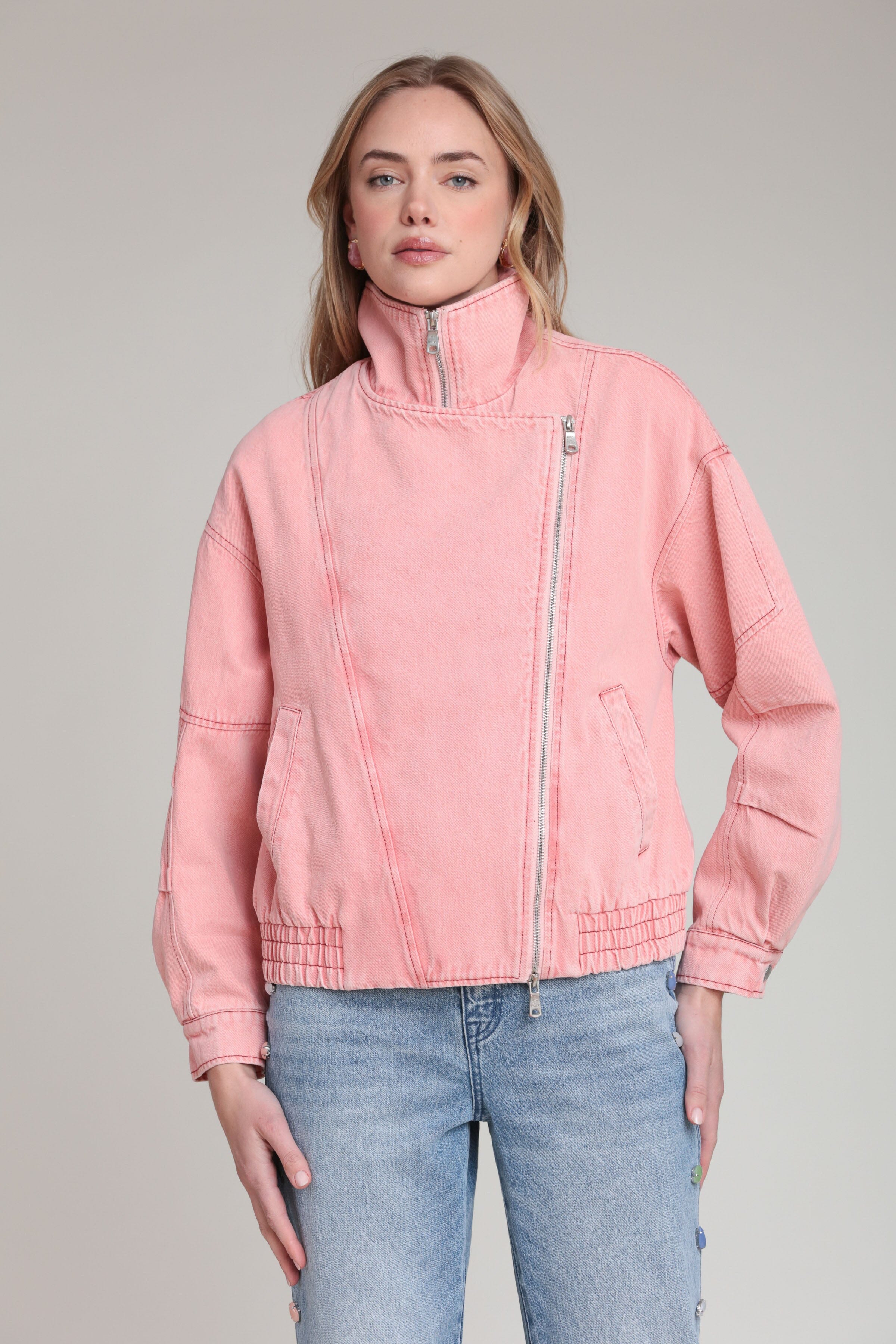 Washed Denim Asymmetric Bomber Jacket - Image 4