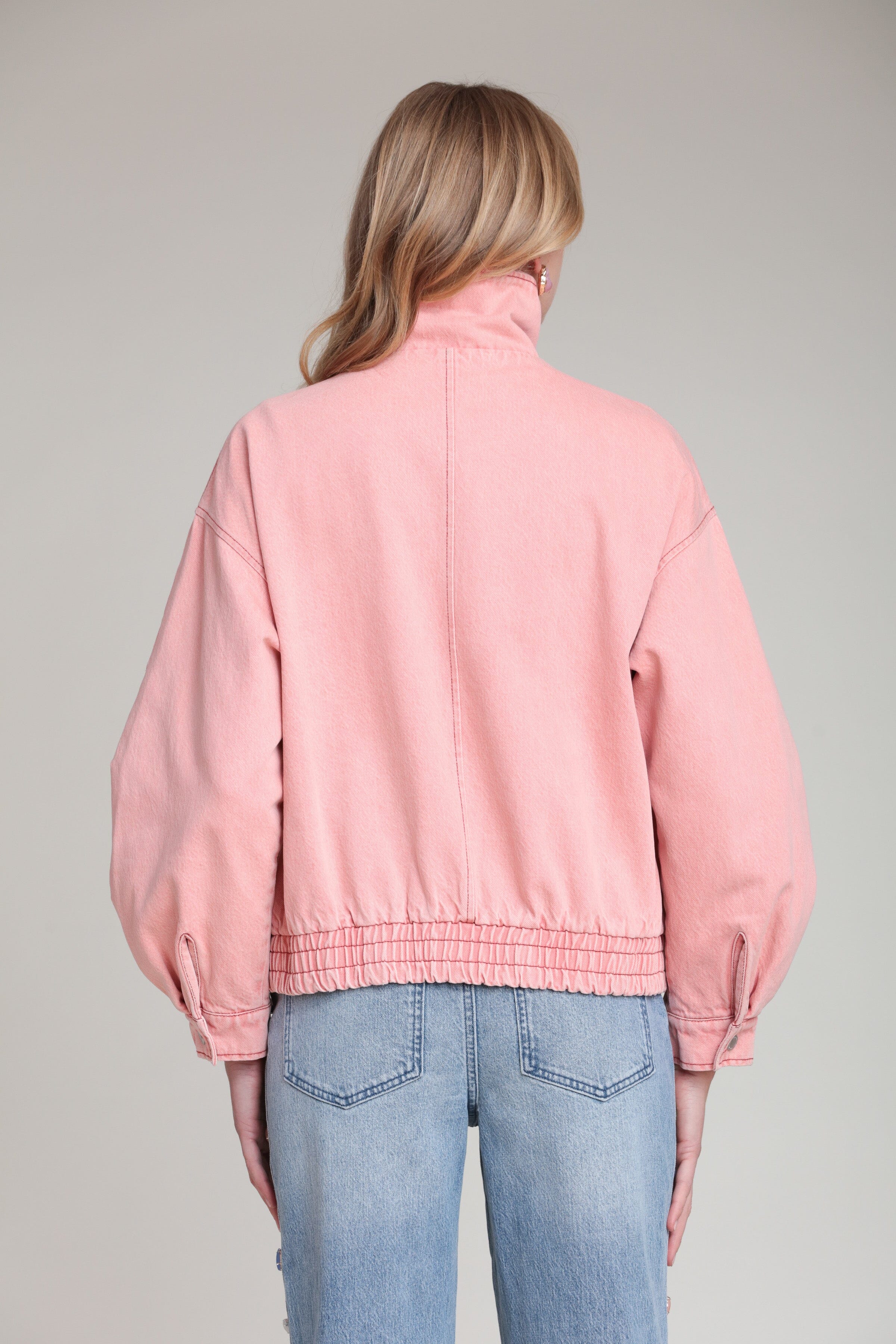 Washed Denim Asymmetric Bomber Jacket - Image 6