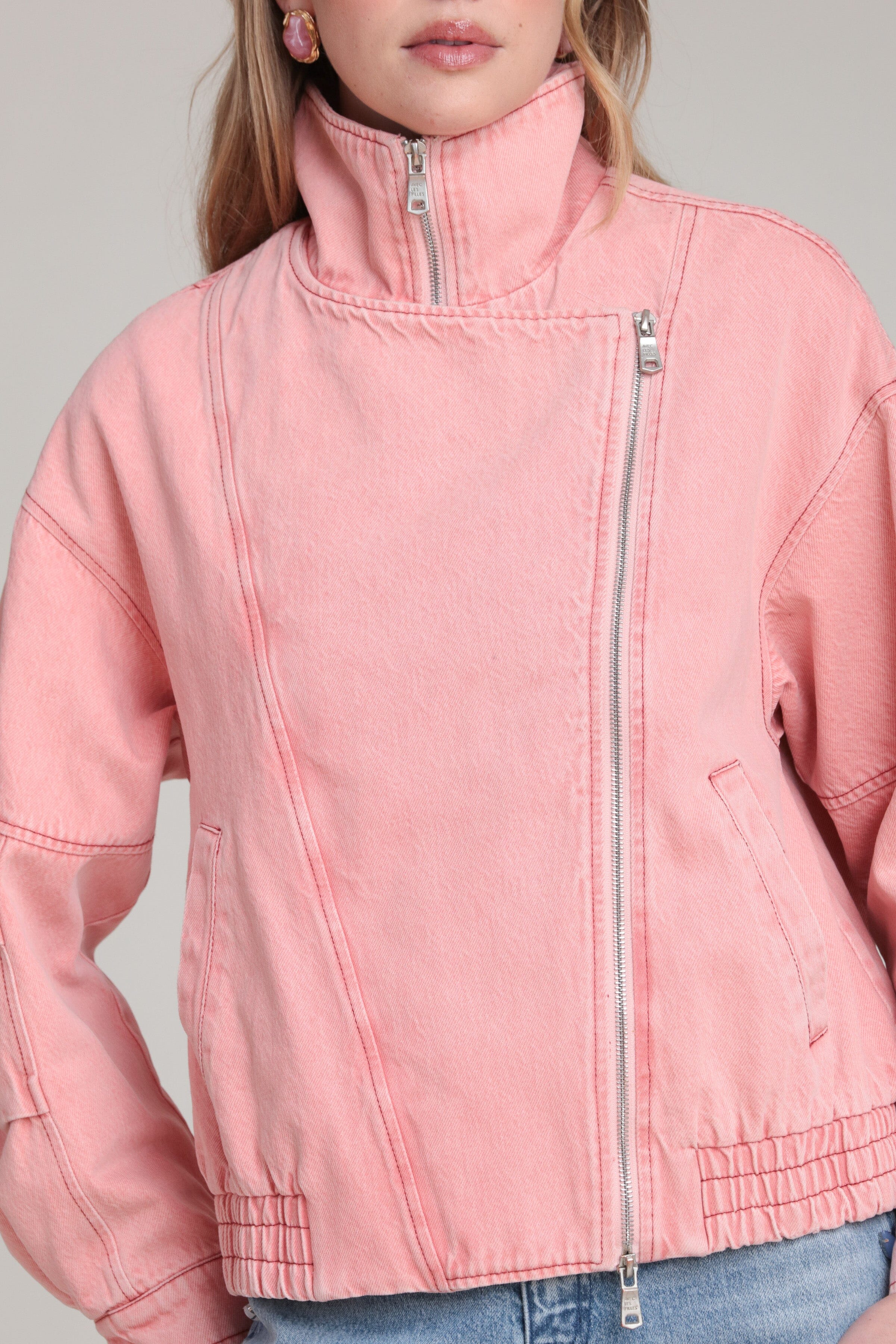Washed Denim Asymmetric Bomber Jacket - Image 7