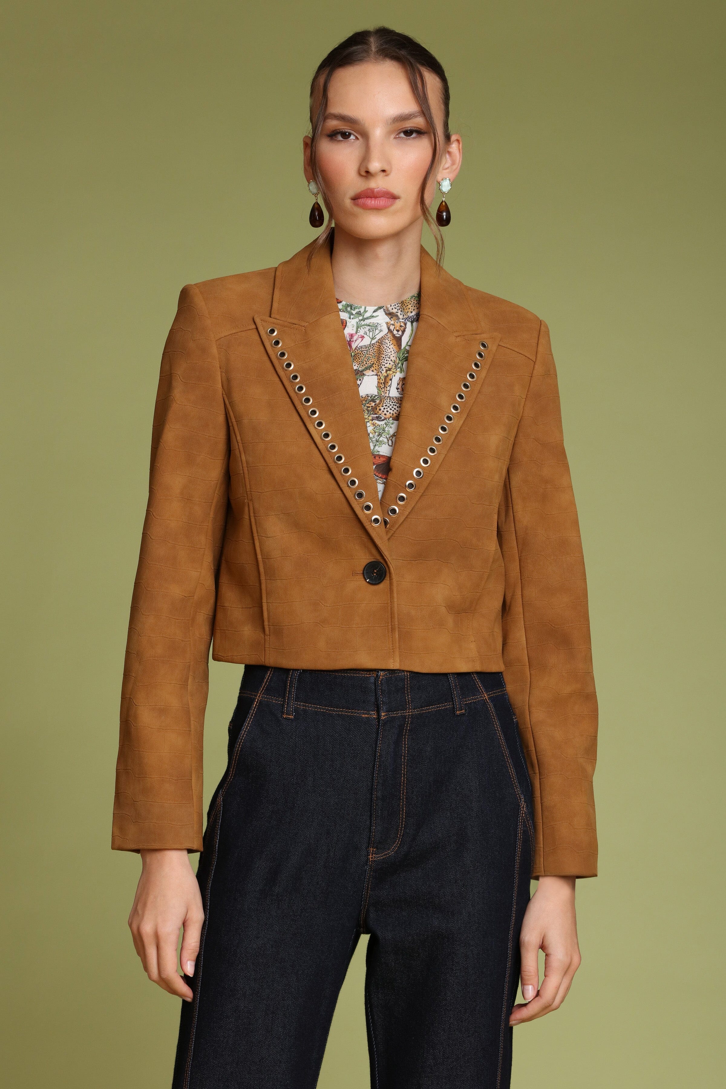 Grommet Trim Faux Croc Cropped Blazer - Image 3