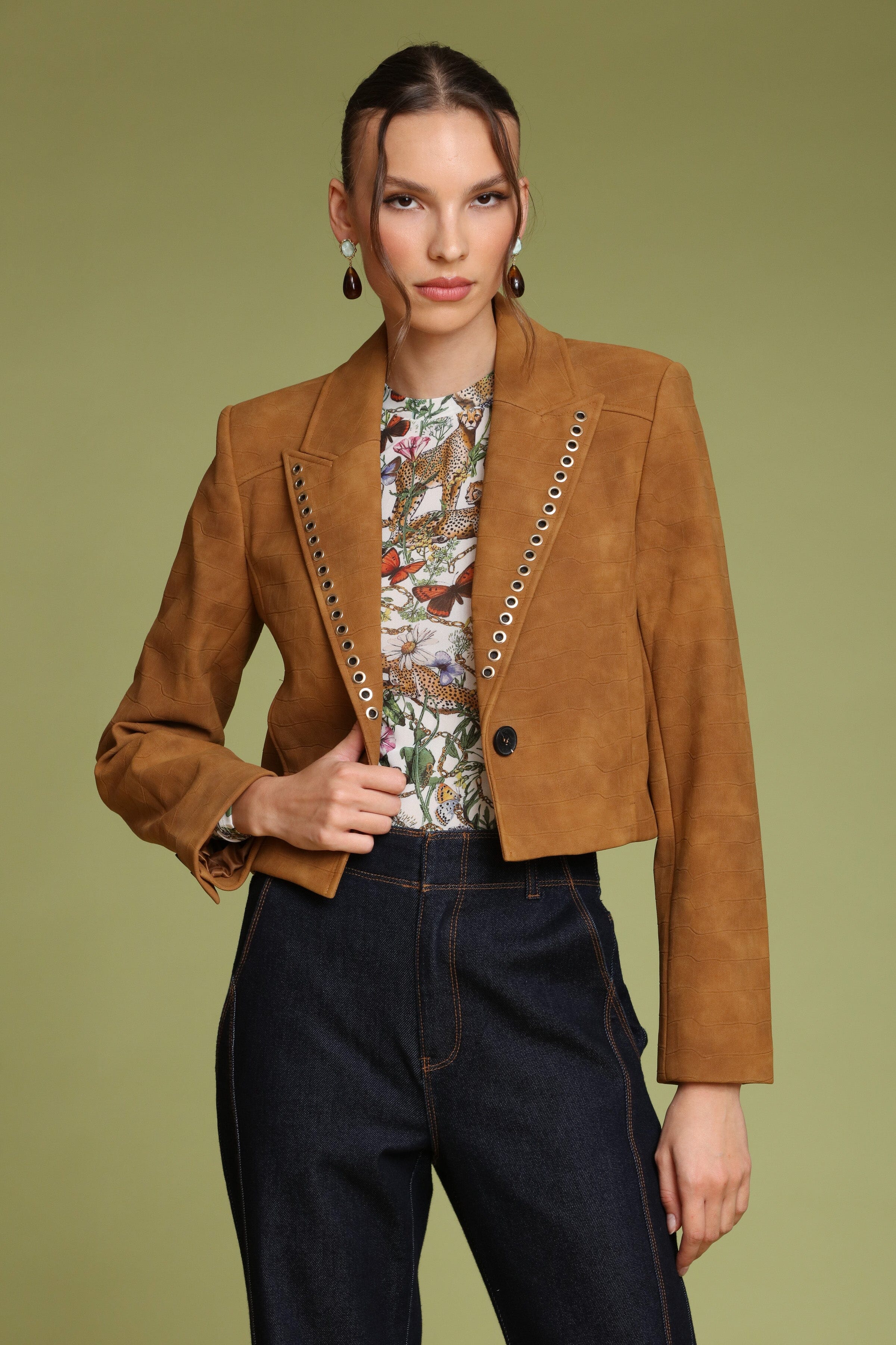 Grommet Trim Faux Croc Cropped Blazer - Image 4