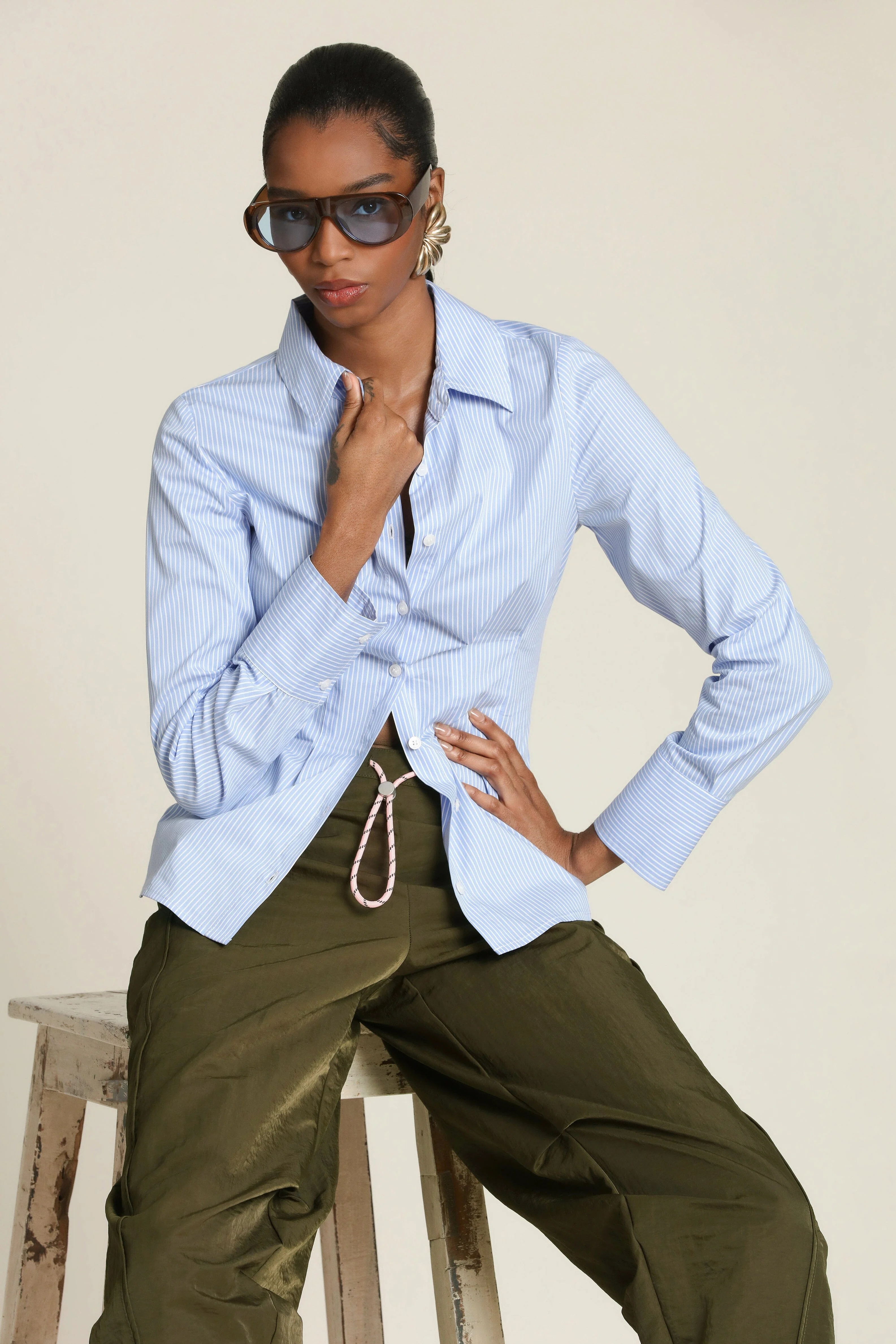 Cinch Waist Cotton Pinstripe Shirt - Image 7